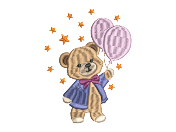 Purple Balloon Bear Embroidery for Boutique Apparel